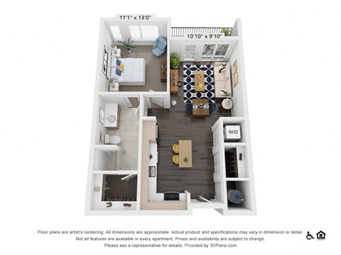 Floor plan for 1 bed, 1 bath, 740 sqft